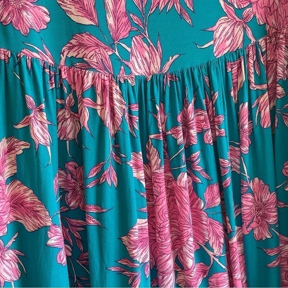 Abel The Label Bonnie Floral Boho Yoke Maxi Skirt Teal Pink Large